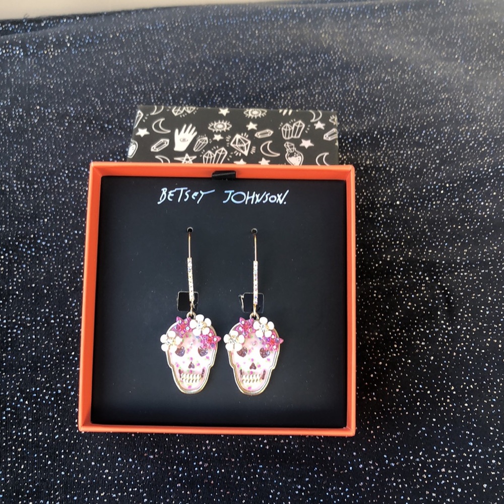 NEW Betsey Johnson Rhinestone Floral Skelton Hoop Earrings/For Halloween - Picture 16 of 16